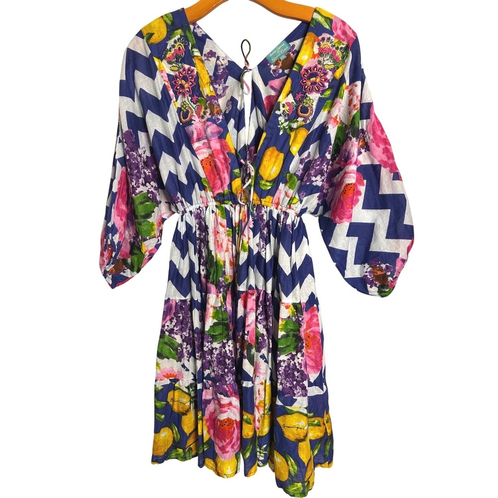 ANTICA SARTORIA One Size Floral Lemon Beaded Mini Dress Tassels